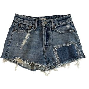 GRLFRND Cindy Fray Side Slit Button Fly Jean Shorts Patchwork High Rise Thrashed